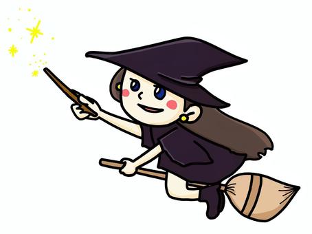 ハロウィン　魔法使い ハロウィン,魔法使い,女の子,ホウキ,帽子,ステッキ,魔法,キラキラ,飛ぶ,秋のイラスト素材