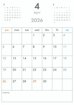 2026年4月カレンダー-縦 カレンダー,2026年,2026,1か月,3か月,令和8年,暦,日曜始まり,祝祭日,祝日のイラスト素材