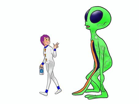 これが地球人のイメージなんだよなぁ 人物,大人,男性,宇宙人,乗り物,宇宙服,全身,手書きのイラスト素材