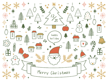 手描きのゆるかわクリスマス手描きイラスト クリスマス,吹き出し,リボン,フレーム,イラスト,キラキラ,クリスマスツリー,あしらい,冬,手描きのイラスト素材