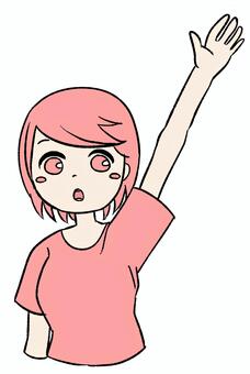 桃色の女の子が挙手している ピンク,かわいい,手描き,女の子,女性,若い女性,キャラクター,ピンク髪,デフォルメ,シンプルイラストのイラスト素材