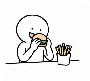 ハンバーガーとポテトを食べる棒人間 ハンバーガー,ポテト,食べる,ファストフード,笑顔,棒人間,線画,キャラクター,手描き,手書きのイラスト素材