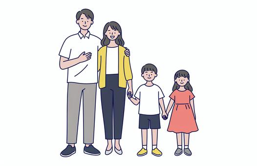 仲良く手を繋ぐ４人家族のイラスト素材 家族,父親,母親,子ども,男の子,女の子,親子,仲良し,笑顔,幸せのイラスト素材
