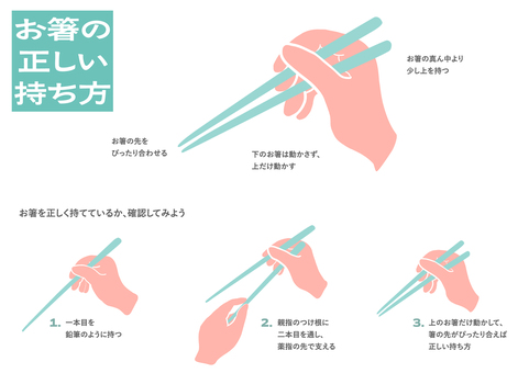 お箸の正しい持ち方＿線消＿赤×水色 箸,持ち方,正しい,手,指,食育,手書き,ゆるい,シンプル,オシャレのイラスト素材