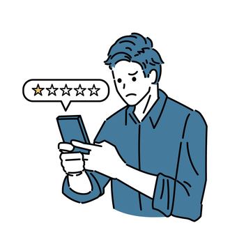 レビューで低評価をする男性 男性,星,評価,上半身,最低点,低評価,しかめっ面,不満,スマホ,レーティングのイラスト素材