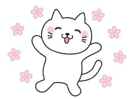 幸せいっぱいの猫　お花 猫,嬉しい,楽しい,喜ぶ,やったー,花,ばんざい,万歳,バンザイ,ハッピーのイラスト素材