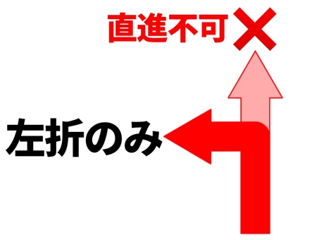 進路案内 矢印,左折のみ,直進不可,バツ,進路,誘導,方向,案内,目印,表示のイラスト素材