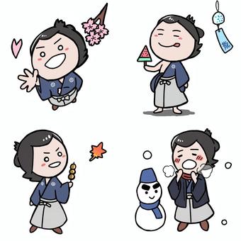 ミニ龍馬　春夏秋冬 坂本龍馬,春夏秋冬,幕末,歴史,人物,アイコン,素材,セットのイラスト素材