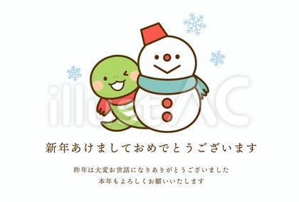 2025年巳年の年賀状 ヘビと雪だるま