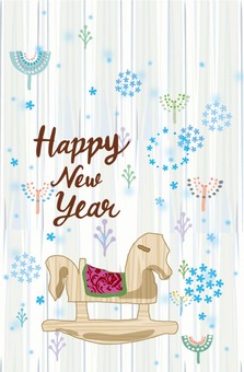 年賀状うま_かわいい08 年賀状,木馬,かわいい,木目,緑,花,北欧風,森,木,雪のイラスト素材