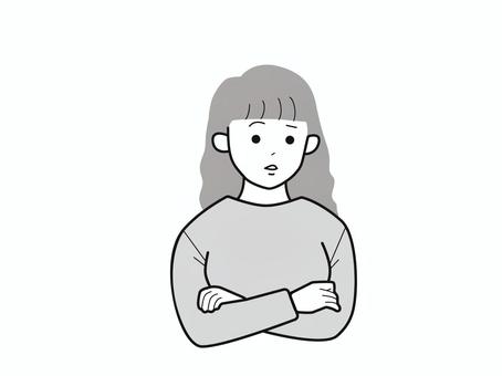 話を聞き悩み考える若い女性2／白黒 上半身,長袖,腕組み,聞く,考える,女性,お母さん,ママ,学生,社会人のイラスト素材