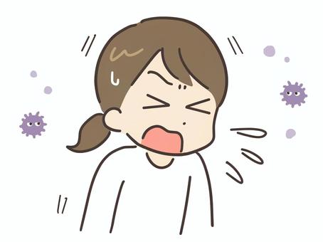 くしゃみをする若い女性と浮遊する菌 女性,人物,ウイルス,風邪,アレルギー,20代,人,体調不良,カビ,菌のイラスト素材