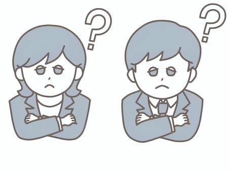 ビジネス男女　腕を組んで「？」グレー ビジネス,スーツ,男女,男性,女性,リクルート,ビジネスウーマン,ビジネスマン,サラリーマン,オフィスのイラスト素材