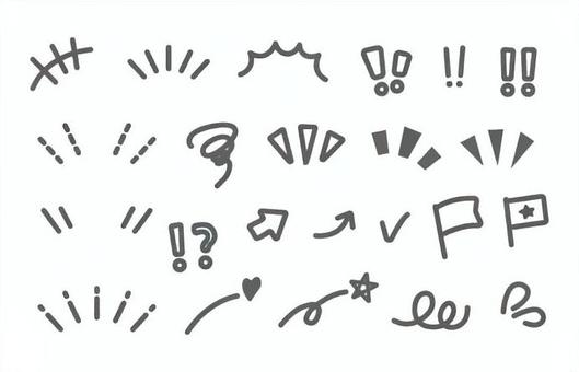 シンプルなワンポイントの素材セット 集中線,ビックリマーク,はてな,ワンポイント,ポイント,ハート,星,汗,手描き,線のイラスト素材