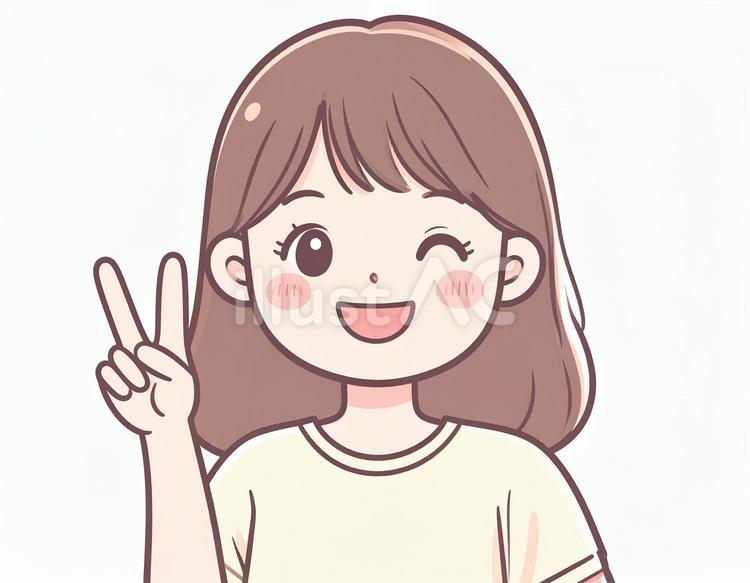 ピースサインをする笑顔の女の子 人物,抜き素材,イメージのイラスト素材