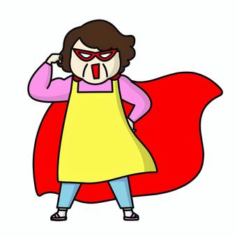 マントと仮面をつけた筋肉のある中年女性 おばさん,お母さん,ヒーロー,強い,力持ち,スーパーヒーロー,パワフル,筋肉,パワー,登場のイラスト素材