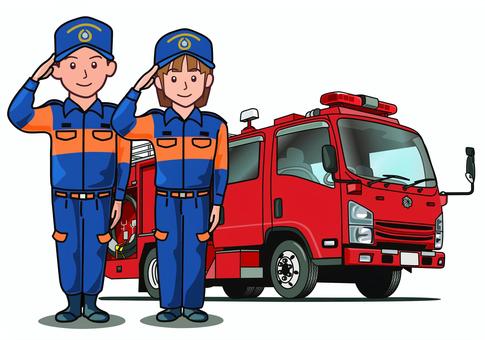 敬礼する消防隊員と消防車 消防署,敬礼,男性,女性,消防隊員,消防団,消防車,ポンプ車,緊急車両,イラストのイラスト素材