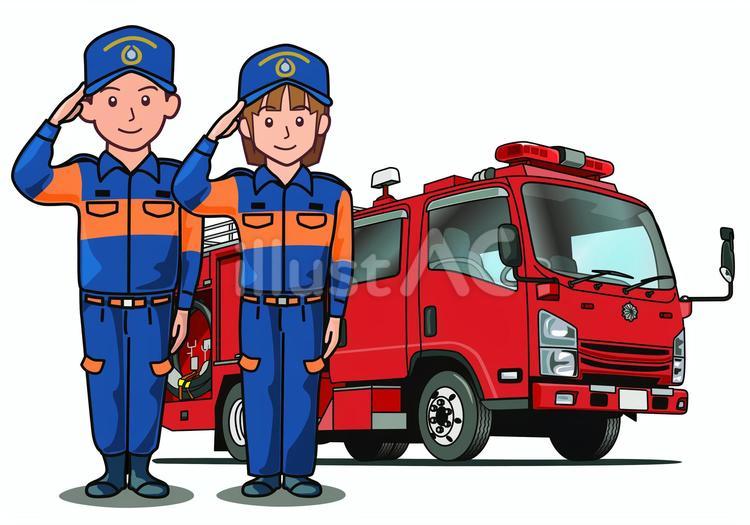 敬礼する消防隊員と消防車 消防,消防署,敬礼のイラスト素材