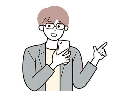 スマホと指差しで話す働く男性A／カラー 指差し,スマホ,話す,男性,お父さん,会社員,アドバイザー,20代,30代,40代のイラスト素材