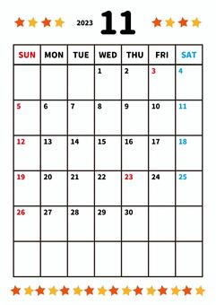 2023年カレンダー11月_全面・星・縦 カレンダー,月間,2023,11月,オレンジ,星,卯年,令和5年,枠,縦のイラスト素材