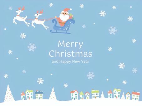 雪景色とソリで飛ぶかわいいサンタ　水色 サンタ,サンタクロース,ソリ,トナカイ,空,飛ぶ,クリスマス,メリークリスマス,雪,雪の結晶のイラスト素材