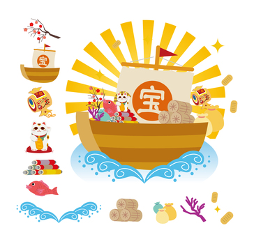 宝船のイラストセット 宝船,縁起物,波,海,船,乗り物,和,日本,宝物,幸運のイラスト素材