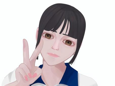 カメラ目線でピースする女性 ペース,vサイン,女性,カメラ目線,10代,若い,手,ポーズ,手描き,上半身のイラスト素材