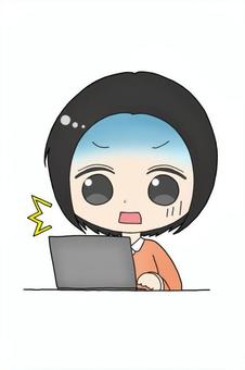 パソコンを使っている女性のイラスト 女性,主婦,学生,ネットサーフィン,テレワーク,インターネット,リモートワーク,びっくり,ショックのイラスト素材