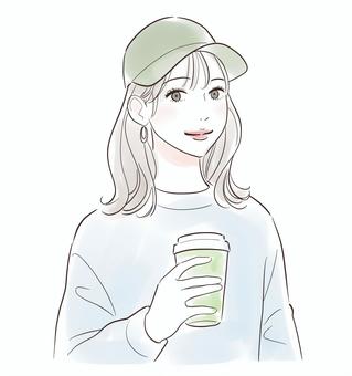 飲み物を持っている若い女性 飲み物を持っている若い女性 人物,女性,きれい,リラックス,笑顔,微笑む,セミロング,おしゃれ,可愛い,美人のイラスト素材