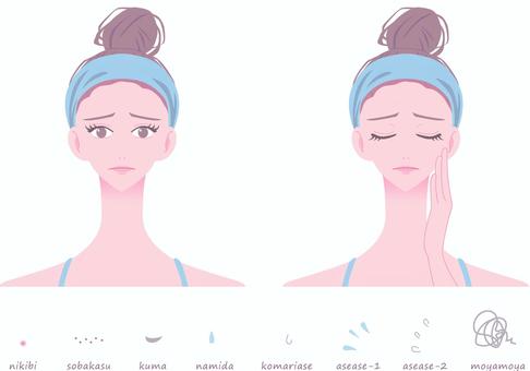 肌トラブルに困っている女性のイラスト 美容,女性,スキンケア,ビューティー,肌,若い,顔,人物,美肌,日本人のイラスト素材