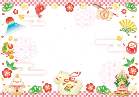 午年おめでたい柄の年賀状フレーム 年賀状,お正月,午年,梅,花,和,キラキラ,かわいい,フレーム,背景のイラスト素材