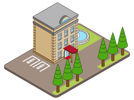 街並みシリーズ ホテル ホテル,かわいい,デフォルメ,建物,宿泊,施設,噴水,木,駐車場,アイソメトリックのイラスト素材