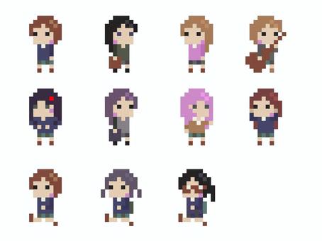 ドット絵キャラクターセット　制服女子高生 ドット絵,人物,セット,高校生,女性,8bit,レトロゲーム風,ゲーム風,人物セット,キャラクターセットのイラスト素材