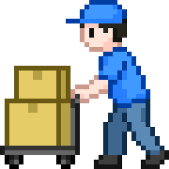 ドット絵の台車を使う青の作業員です。 ドット絵,作業員,シンプル,段ボール,台車,配送,運搬,荷物,引っ越し,倉庫のイラスト素材