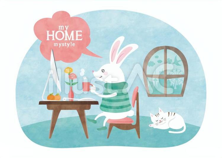 うさぎの在宅ワーク 居眠り猫 パソコン,うさぎ,猫のイラスト素材