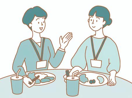 仕事の合間に同僚とランチ 仕事,昼休み,昼食,ランチ,ドリンク,ワンプレート,箸,社員証,テーブル,社食のイラスト素材