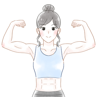 筋肉ムキムキの女性　水彩風イラスト 女性,筋肉,筋トレ,鍛える,力こぶ,隆々,腹筋,シックスパック,力,強いのイラスト素材