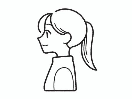 ポニーテールの横向きの女の人＿線画 横顔,横向き,女性,上半身,人,女の人,ポニーテール,一つ結び,まとめ髪,顔のイラスト素材