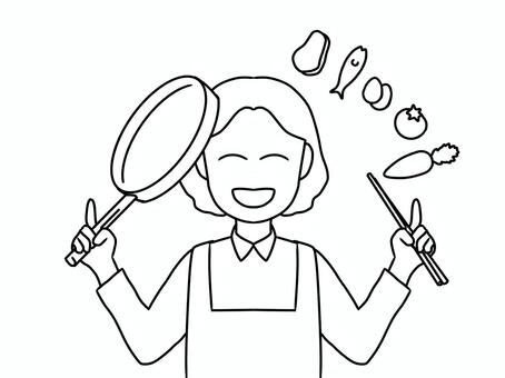 フライパンと菜箸を持つ女子 女性,お母さん,献立,笑顔,フライパン,菜箸,人参,トマト,玉子,魚のイラスト素材
