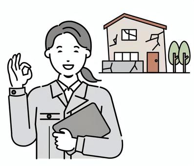 空き家と作業服の女性 女性,空き家,解体業,家,住宅,仕事,作業服,空き家解体,作業員,取り壊しのイラスト素材