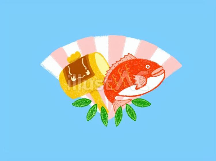 お正月:おめでたい物:鯛・打ち出の小槌 鯛,打ち出の小槌,扇子のイラスト素材