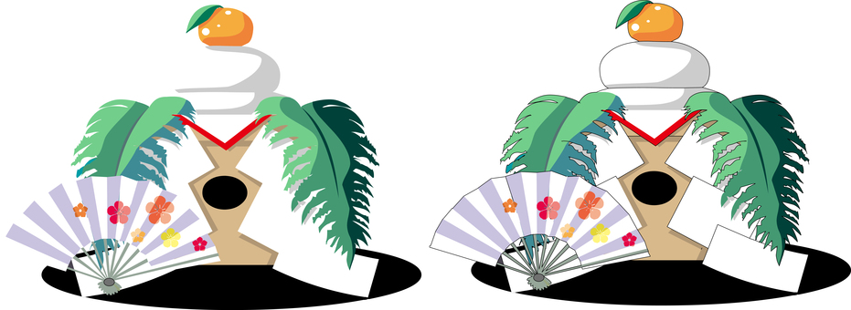 正月の御供物の鏡餅と扇子 正月,鏡餅,御供物,正月飾り,扇子,橙,みかん,縁起物,神棚,床の間のイラスト素材