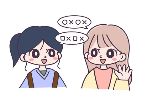 会話する女の子の手描きイラスト 会話する女の子の手描きイラスト 会話,話す,友人,知り合い,友達,同級生,同期,家族,姉妹,ベクターのイラスト素材