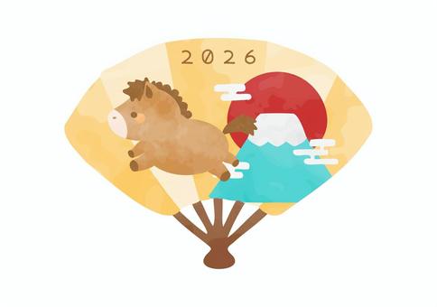 お馬さんと富士山が描かれた扇子のイラスト 2026年,馬,動物,干支,扇子,富士山,太陽,元旦,元日,かわいいのイラスト素材
