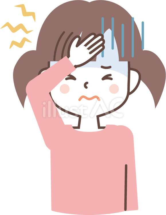 青ざめて額に手をあてる女の子 額,頭痛,痛いのイラスト素材
