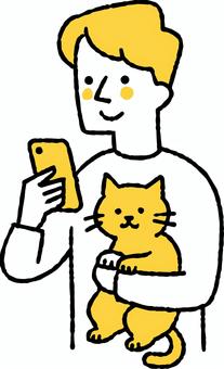 猫を抱いてスマホを見る男性 猫,抱く,男性,若い,スマホ,携帯電話,操作,見る,sns,通信のイラスト素材