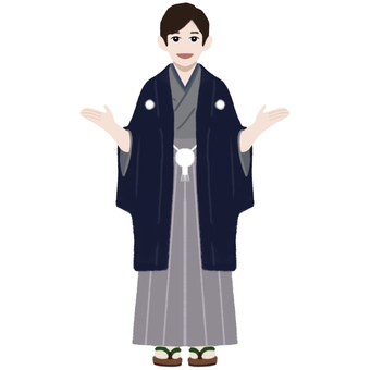 忘年会や新年会でお手を拝借　ようこそ歓迎 男性,年末年始,忘年会,新年会,全身,着物姿,袴姿,笑顔,音頭,拍手のイラスト素材