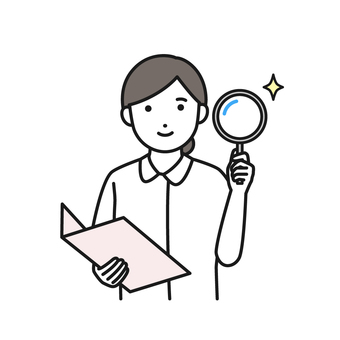 虫眼鏡を持つ看護師 虫めがね,調査,検査,発見,調べる,看護師,白衣,女性,虫眼鏡,見つけるのイラスト素材