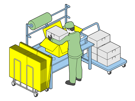 梱包台で箱詰め作業B(シンプル配色) 梱包台で箱詰め作業B(シンプル配色) 梱包,箱,詰める,作業,工場,作業員,工員,デスク,作業台,ダンボールのイラスト素材