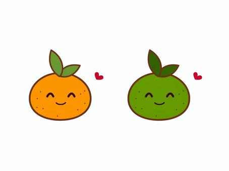 笑顔のみかんさんと緑みかんさん 笑顔,みかん,緑,ハート,果物,食べ物,かわいい,挿絵,カットイラスト,ワンポイントのイラスト素材